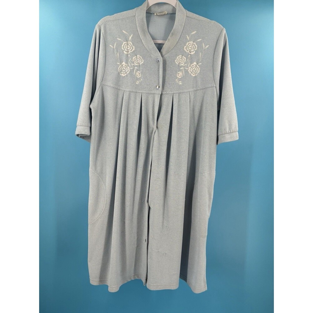 Barbizon Blue Terry Cloth Robe Housecoat Duster Floral Embroidered Pockets VTG